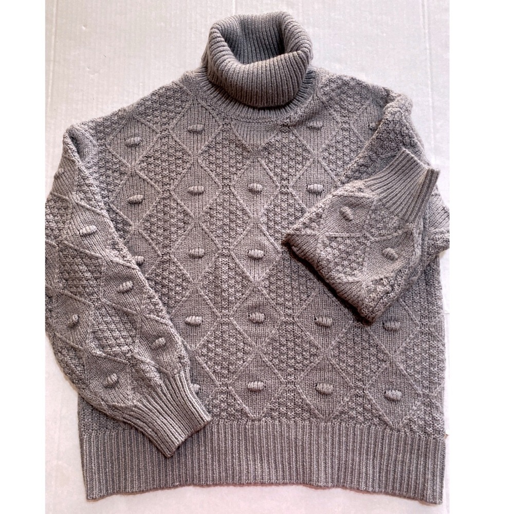 Time and Tru Gray Diamond Cable Knit Bobble Turtleneck Sweater Women's Lg 12-14 - Picture 2 of 8